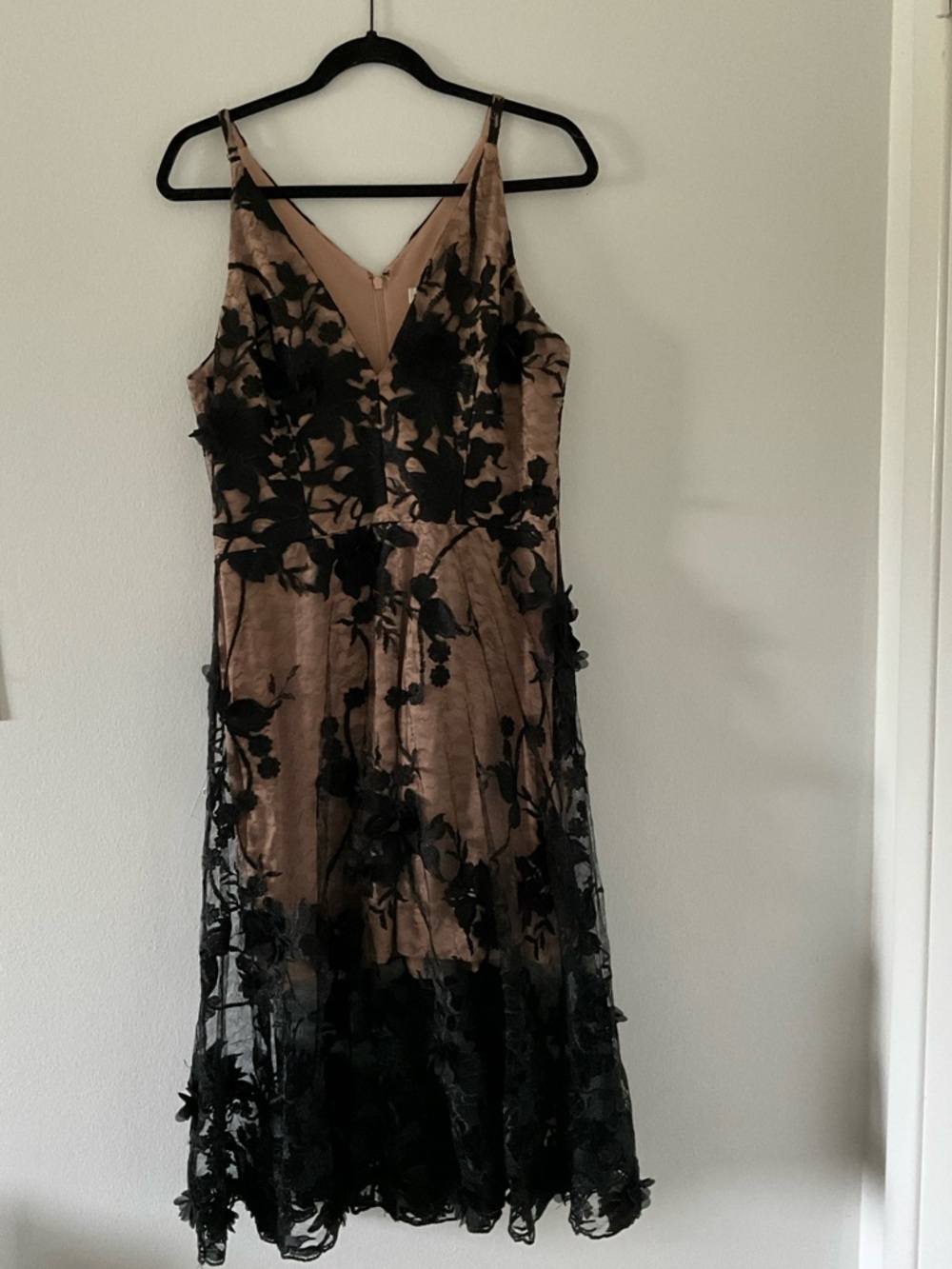 Dress the Population Black Floral Appliqué Midi Dress with Nude Lining